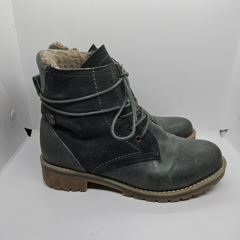 Bulle Collections green suede and leather sherpa lined ankle boots EU 38